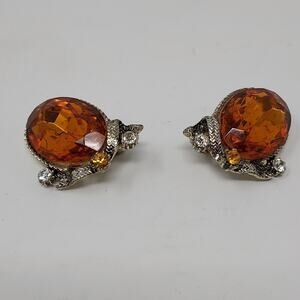 Vintage Beaujewels Earrings Amber Glass Rhinestone Clip On Signed